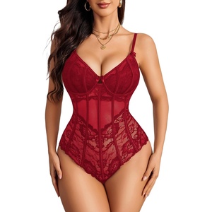 Avidlove Bodysuit for Women Sexy Lace Top One Piece Lingerie V Neck Mesh Tops Going Out Cami Naughty Push Up Body Suit(Wine Red)