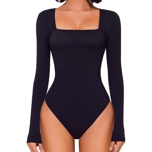 Avidlove Bodysuits for Women Sexy Long Sleeve Bodysuit Square Neck Double Lined Ruched Snap Closure Bodysuit Tops(Black)