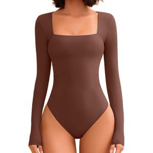 Avidlove Bodysuits for Women Sexy Long Sleeve Bodysuit Square Neck Double Lined Ruched Snap Closure Bodysuit Tops(Brown)