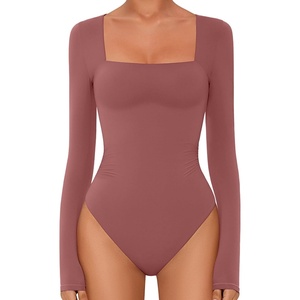 Avidlove Bodysuits for Women Sexy Long Sleeve Bodysuit Square Neck Double Lined Ruched Snap Closure Bodysuit Tops(Fuchsia)