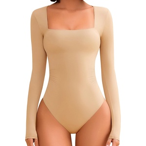 Avidlove Bodysuits for Women Sexy Long Sleeve Bodysuit Square Neck Double Lined Ruched Snap Closure Bodysuit Tops(Khaki)