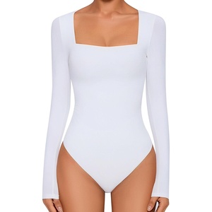 Avidlove Bodysuits for Women Sexy Long Sleeve Bodysuit Square Neck Double Lined Ruched Snap Closure Bodysuit Tops(White)