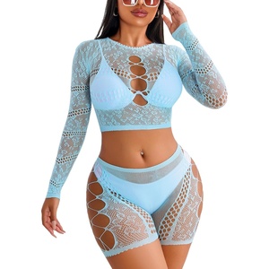 Avidlove Fishnet Lingerie Sets for Women Sexy Two Piece Rave Outfits Mesh Bodysuit Clubwear(Light Blue)