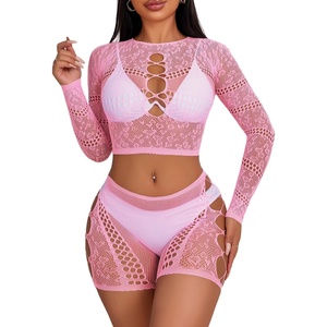 Avidlove Fishnet Lingerie Sets for Women Sexy Two Piece Rave Outfits Mesh Bodysuit Clubwear(Pink)