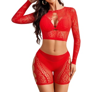 Avidlove Fishnet Lingerie Sets for Women Sexy Two Piece Rave Outfits Mesh Bodysuit Clubwear(Red)