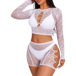 Avidlove Fishnet Lingerie Sets for Women Sexy Two Piece Rave Outfits Mesh Bodysuit Clubwear(White)
