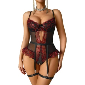 Avidlove Lingerie for Women Mesh Lace Bodysuit Sexy Wireless Garter Lingerie Set Teddy Lingerie(No Stockings)(Black & Red)