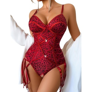 Avidlove Lingerie for Women Sexy Corset Garter Lingerie Set One Piece Teddy Bodysuit Boudoir Outfit(A-red Leopard Print)