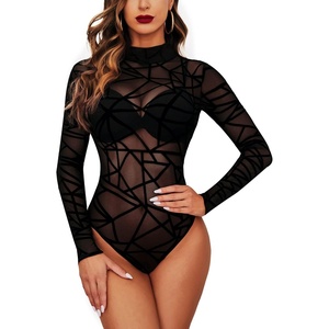 Avidlove Long Sleeve Bodysuit for Women Turtleneck Sheer Mesh Bodysuit Geo Print Leotards(Black)