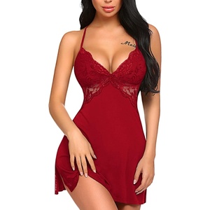 Avidlove Women Lingerie Modal Lace Side Slit Chemise Sleepwear Babydoll Teddy Lingerie(A-dark Red)