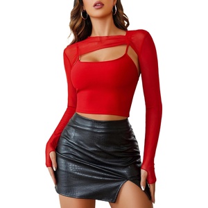 Avidlove Women Sexy Long Sleeve Mesh Crop Top Solid Cover Up with Spaghetti Strap Cami Top 2 Pieces Clubwear with Thumb Holes(Red)