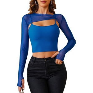 Avidlove Women Sexy Long Sleeve Mesh Crop Top Solid Cover Up with Spaghetti Strap Cami Top 2 Pieces Clubwear with Thumb Holes(Sky Blue)