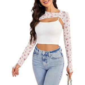 Avidlove Women Sexy Long Sleeve Mesh Crop Top Solid Cover Up with Spaghetti Strap Cami Top 2 Pieces Clubwear with Thumb Holes(White Flower)