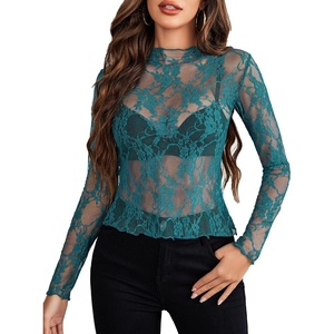 Avidlove Women’s Mesh Top Long Sleeve Mock Neck Sheer Blouse See Through Floral Lace Tops(Dark Blue)