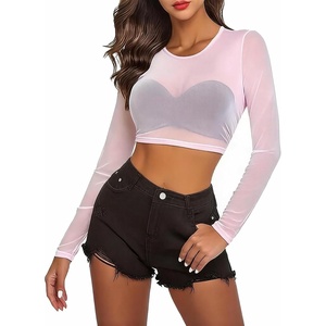Avidlove Women’s Mesh Tops Long Sleeve See Through Tee Shirt Crop Sheer Blouse Sexy Clubwear XS-4XL(Ac-pink)