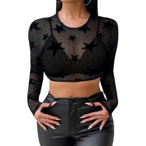 Avidlove Women’s Mesh Tops Long Sleeve See Through Tee Shirt Crop Sheer Blouse Sexy Clubwear XS-4XL(Af-pattern 11)