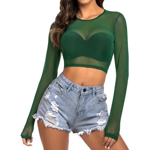 Avidlove Women’s Mesh Tops Long Sleeve See Through Tee Shirt Crop Sheer Blouse Sexy Clubwear XS-4XL(Dark Green)