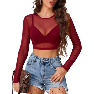 Avidlove Women’s Mesh Tops Long Sleeve See Through Tee Shirt Crop Sheer Blouse Sexy Clubwear XS-4XL(Long Sleeve-wine Red)