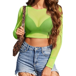 Avidlove Women’s Mesh Tops Long Sleeve See Through Tee Shirt Crop Sheer Blouse Sexy Clubwear XS-4XL(Neon Green)