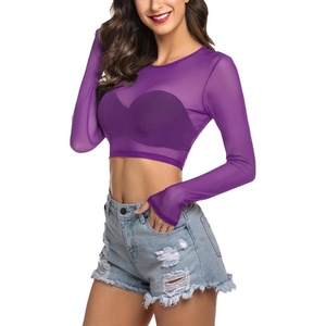 Avidlove Women’s Mesh Tops Long Sleeve See Through Tee Shirt Crop Sheer Blouse Sexy Clubwear XS-4XL(Purple)