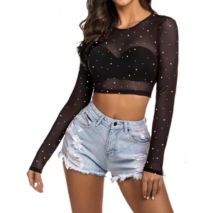 Avidlove Women’s Mesh Tops Long Sleeve See Through Tee Shirt Crop Sheer Blouse Sexy Clubwear XS-4XL(Z Black With Rhinestone)