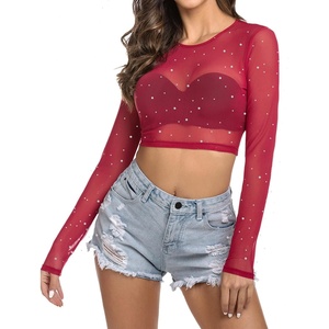 Avidlove Women’s Mesh Tops Long Sleeve See Through Tee Shirt Crop Sheer Blouse Sexy Clubwear XS-4XL(Z Wine Red With Rhinestone)