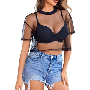 Avidlove Women’s Mesh Tops See Through Shirts Short Sleeve Printed Crop Top Sheer Blouse Clubwear S-XXL(Black)