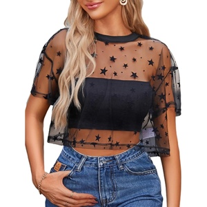 Avidlove Women’s Mesh Tops See Through Shirts Short Sleeve Printed Crop Top Sheer Blouse Clubwear S-XXL(Black Star)