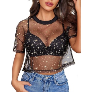 Avidlove Women’s Mesh Tops See Through Shirts Short Sleeve Printed Crop Top Sheer Blouse Clubwear S-XXL(Black Star Gold)