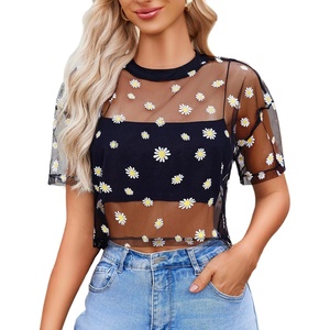 Avidlove Women’s Mesh Tops See Through Shirts Short Sleeve Printed Crop Top Sheer Blouse Clubwear S-XXL(Daisy Black)