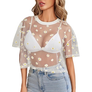 Avidlove Women’s Mesh Tops See Through Shirts Short Sleeve Printed Crop Top Sheer Blouse Clubwear S-XXL(Daisy White)