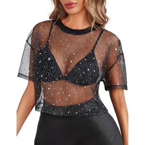 Avidlove Women’s Mesh Tops See Through Shirts Short Sleeve Printed Crop Top Sheer Blouse Clubwear S-XXL(Glitter Black)