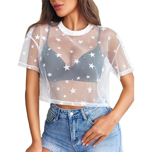 Avidlove Women’s Mesh Tops See Through Shirts Short Sleeve Printed Crop Top Sheer Blouse Clubwear S-XXL(White Star)
