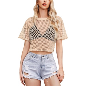 Avidlove Women’s Sheer Fishnet Top Sexy Short Sleeves Net T Shirts Crop Top(Apricot)