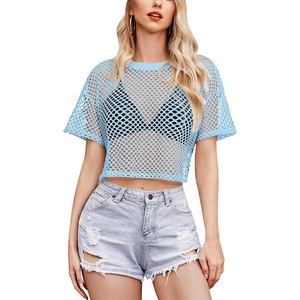 Avidlove Women’s Sheer Fishnet Top Sexy Short Sleeves Net T Shirts Crop Top(Light Blue)