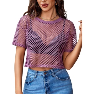 Avidlove Women’s Sheer Fishnet Top Sexy Short Sleeves Net T Shirts Crop Top(Light Purple)