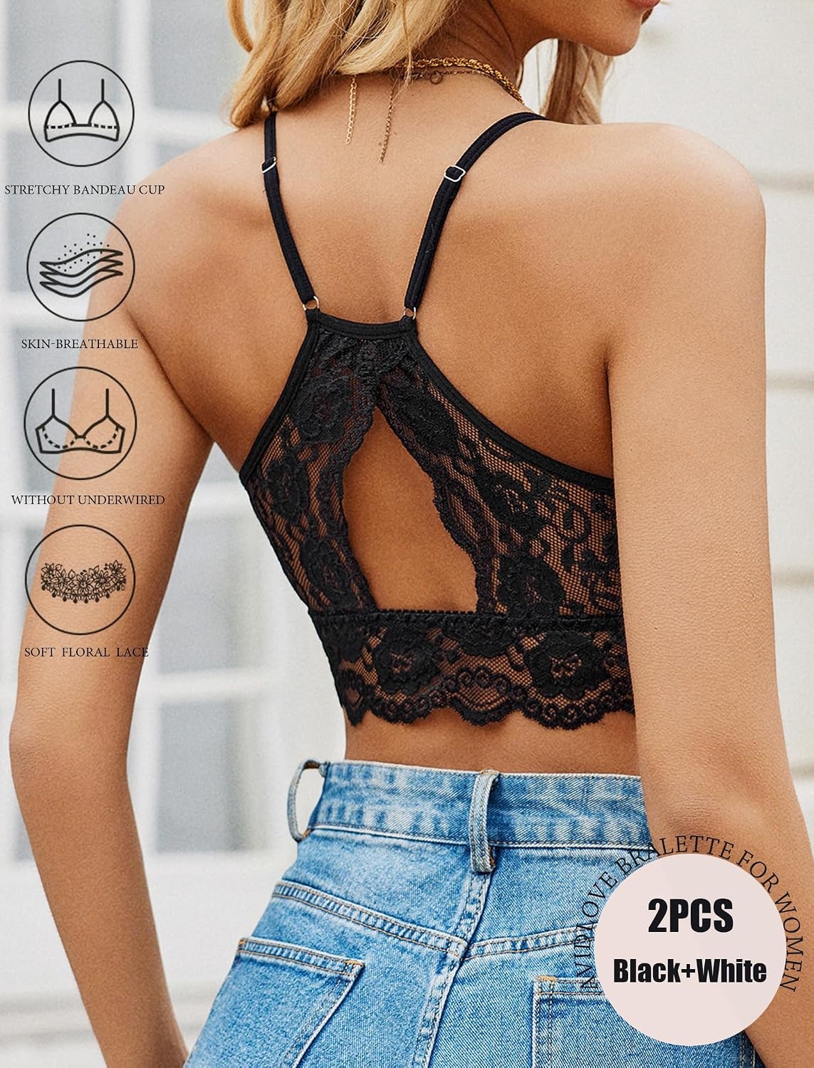 image:imageAvidlove 2Pcs Lace Camisoles for Women High Neck Bralettes Racerback Adjustable Crop Top LingerieAblackwhite