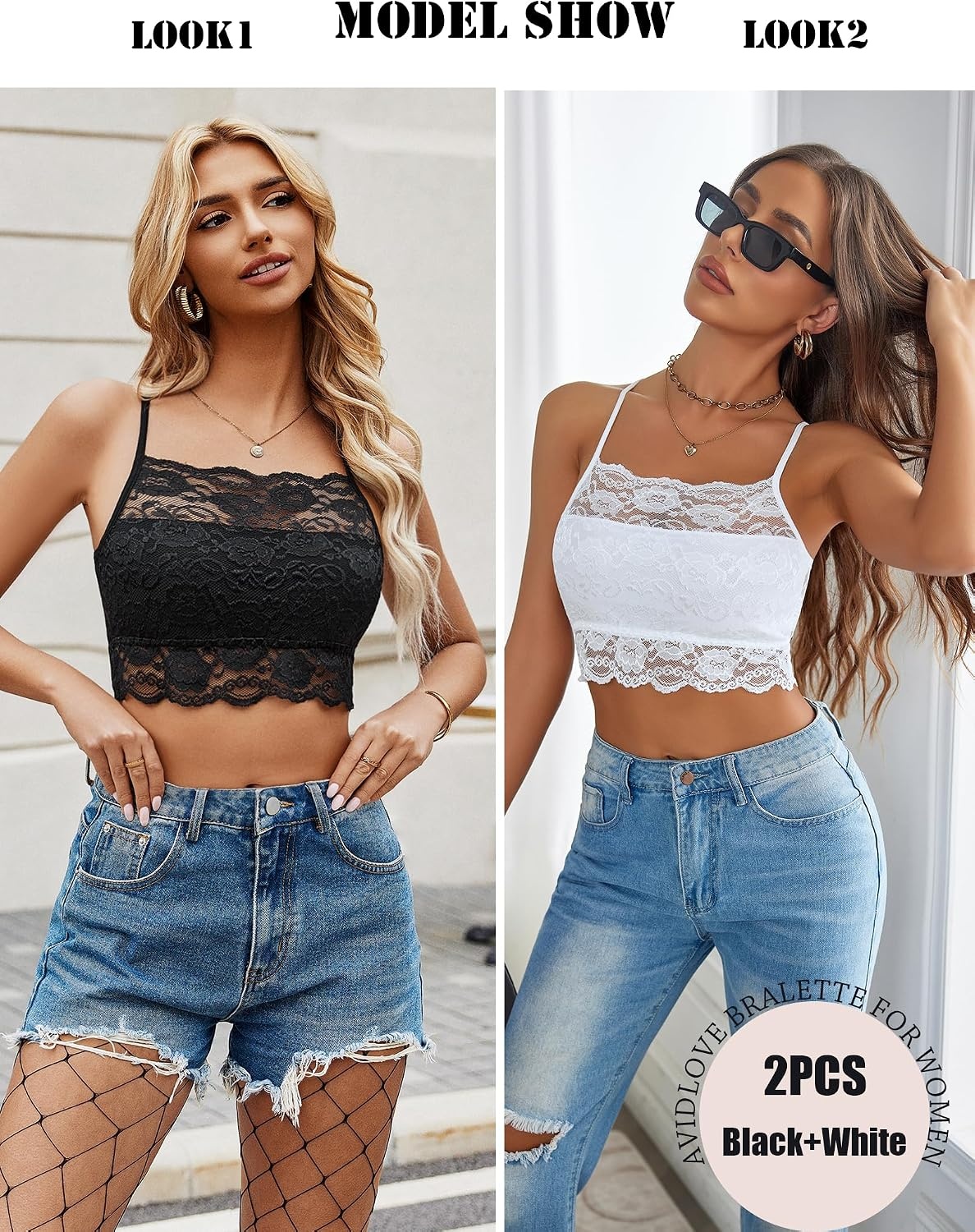 image:imageAvidlove 2Pcs Lace Camisoles for Women High Neck Bralettes Racerback Adjustable Crop Top LingerieAblackwhite