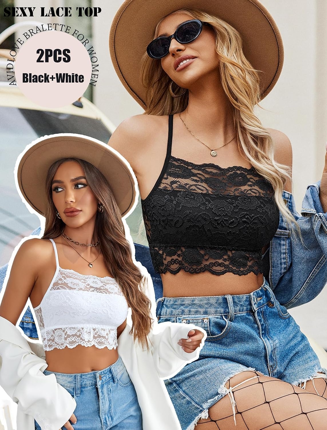 image:imageAvidlove 2Pcs Lace Camisoles for Women High Neck Bralettes Racerback Adjustable Crop Top LingerieAblackwhite