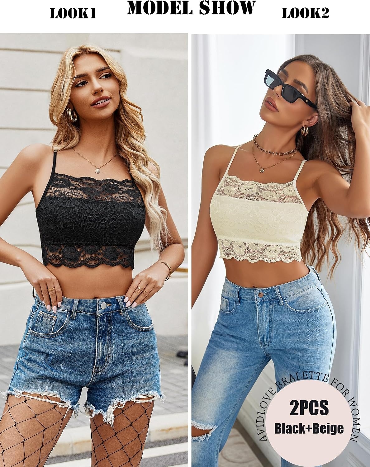 image:imageAvidlove 2Pcs Lace Camisoles for Women High Neck Bralettes Racerback Adjustable Crop Top LingerieBlackbeige