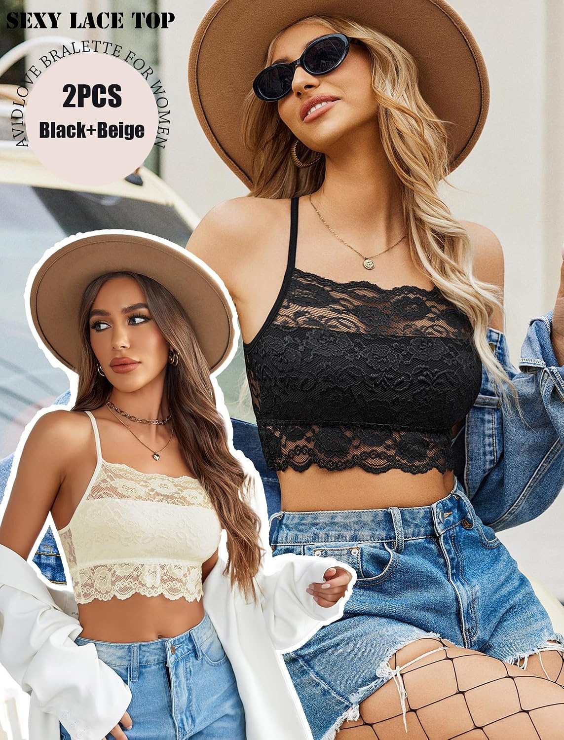 image:imageAvidlove 2Pcs Lace Camisoles for Women High Neck Bralettes Racerback Adjustable Crop Top LingerieBlackbeige