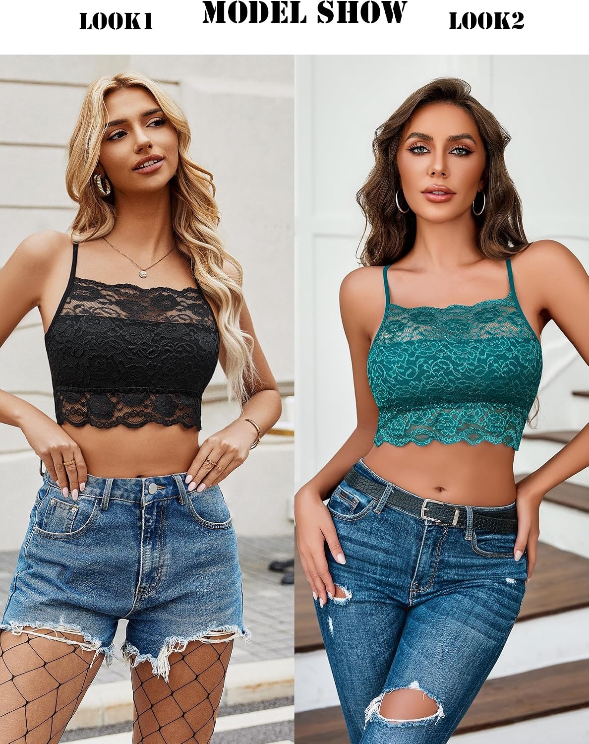 image:imageAvidlove 2Pcs Lace Camisoles for Women High Neck Bralettes Racerback Adjustable Crop Top LingerieBlackblue Green