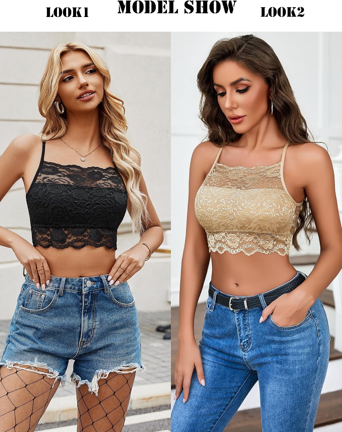 image:imageAvidlove 2Pcs Lace Camisoles for Women High Neck Bralettes Racerback Adjustable Crop Top LingerieBlackcamel