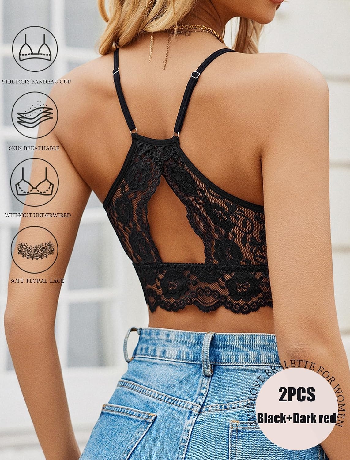image:imageAvidlove 2Pcs Lace Camisoles for Women High Neck Bralettes Racerback Adjustable Crop Top LingerieBlackdark Red