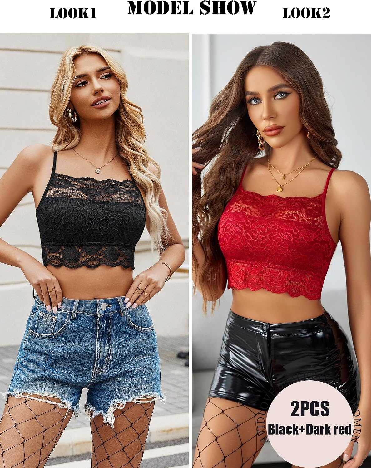image:imageAvidlove 2Pcs Lace Camisoles for Women High Neck Bralettes Racerback Adjustable Crop Top LingerieBlackdark Red