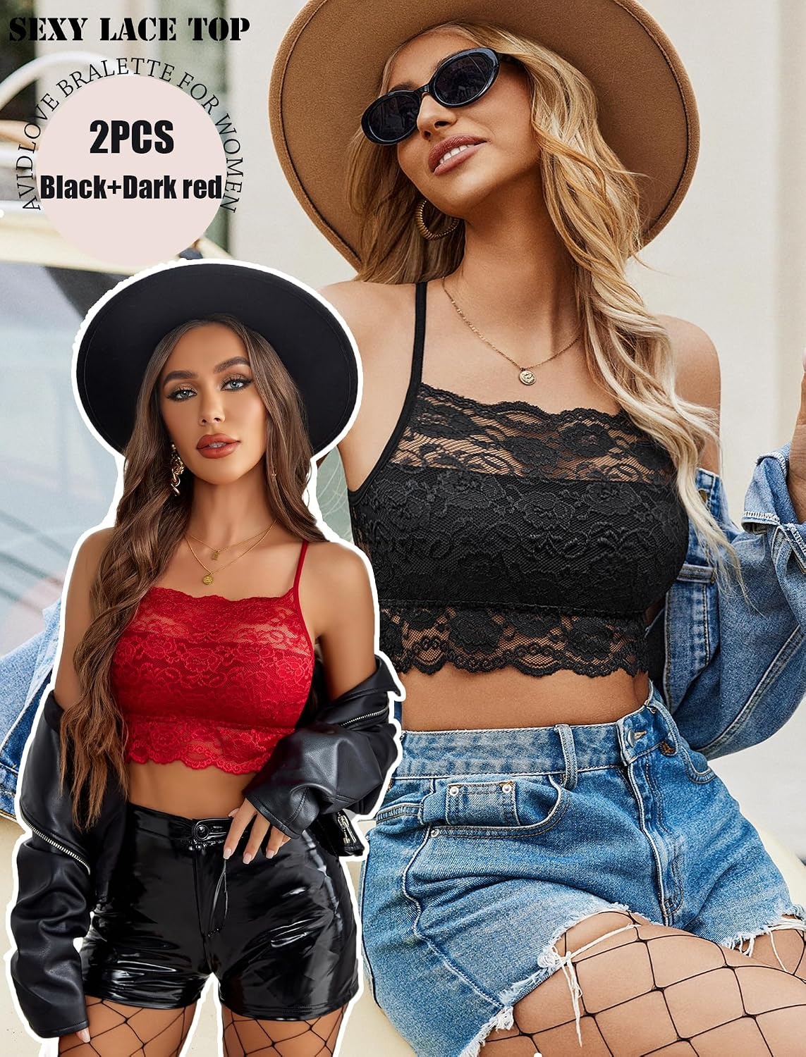 image:imageAvidlove 2Pcs Lace Camisoles for Women High Neck Bralettes Racerback Adjustable Crop Top LingerieBlackdark Red