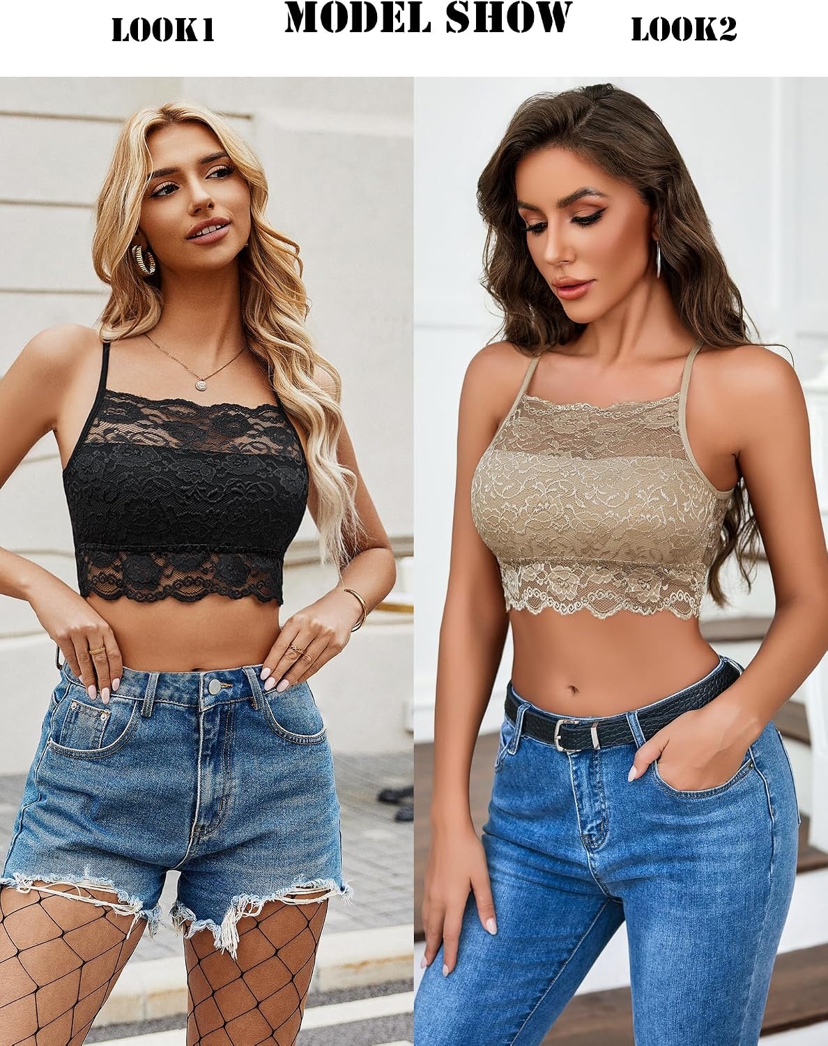 image:imageAvidlove 2Pcs Lace Camisoles for Women High Neck Bralettes Racerback Adjustable Crop Top LingerieBlackkhaki