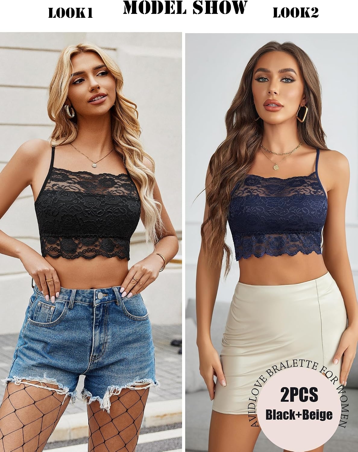 image:imageAvidlove 2Pcs Lace Camisoles for Women High Neck Bralettes Racerback Adjustable Crop Top LingerieBlacknavy Blue