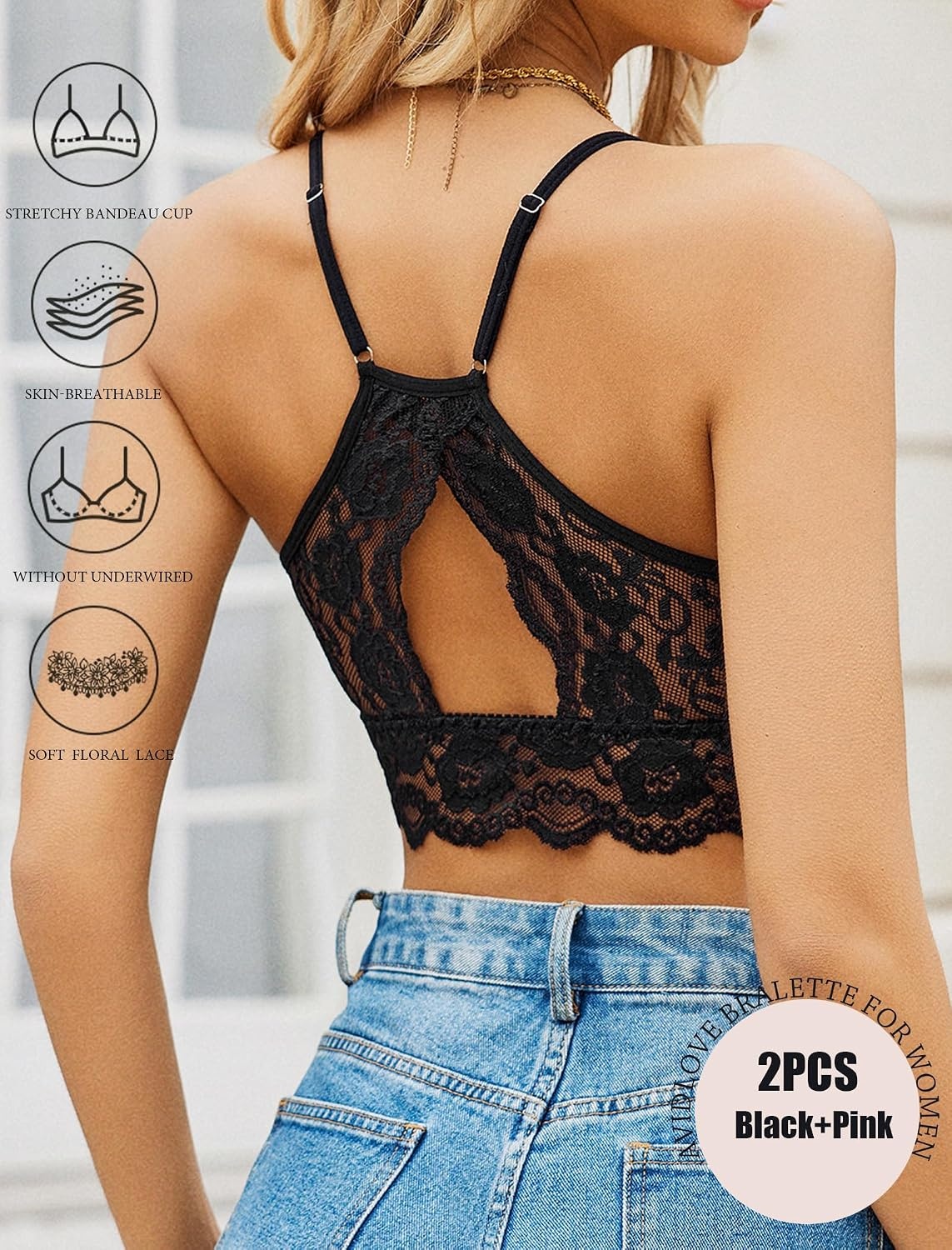 image:imageAvidlove 2Pcs Lace Camisoles for Women High Neck Bralettes Racerback Adjustable Crop Top LingerieBlackpink