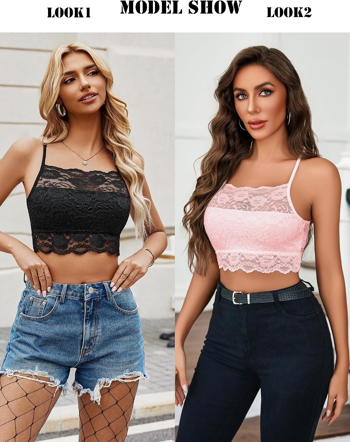 image:imageAvidlove 2Pcs Lace Camisoles for Women High Neck Bralettes Racerback Adjustable Crop Top LingerieBlackpink